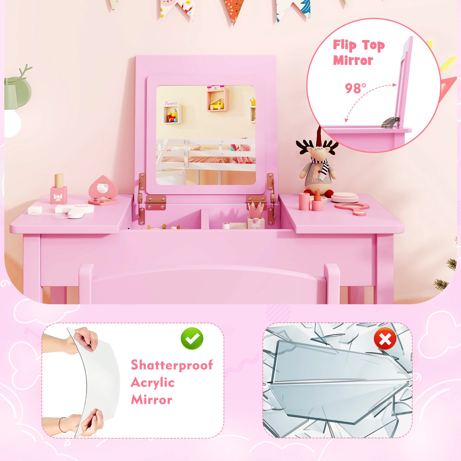 SUGIFT Kids Flip Top Mirror Hidden Storage Vanity Makeup Table and Chair Set 27.5-in x 13.5-in x 24-in 110-lb Pink