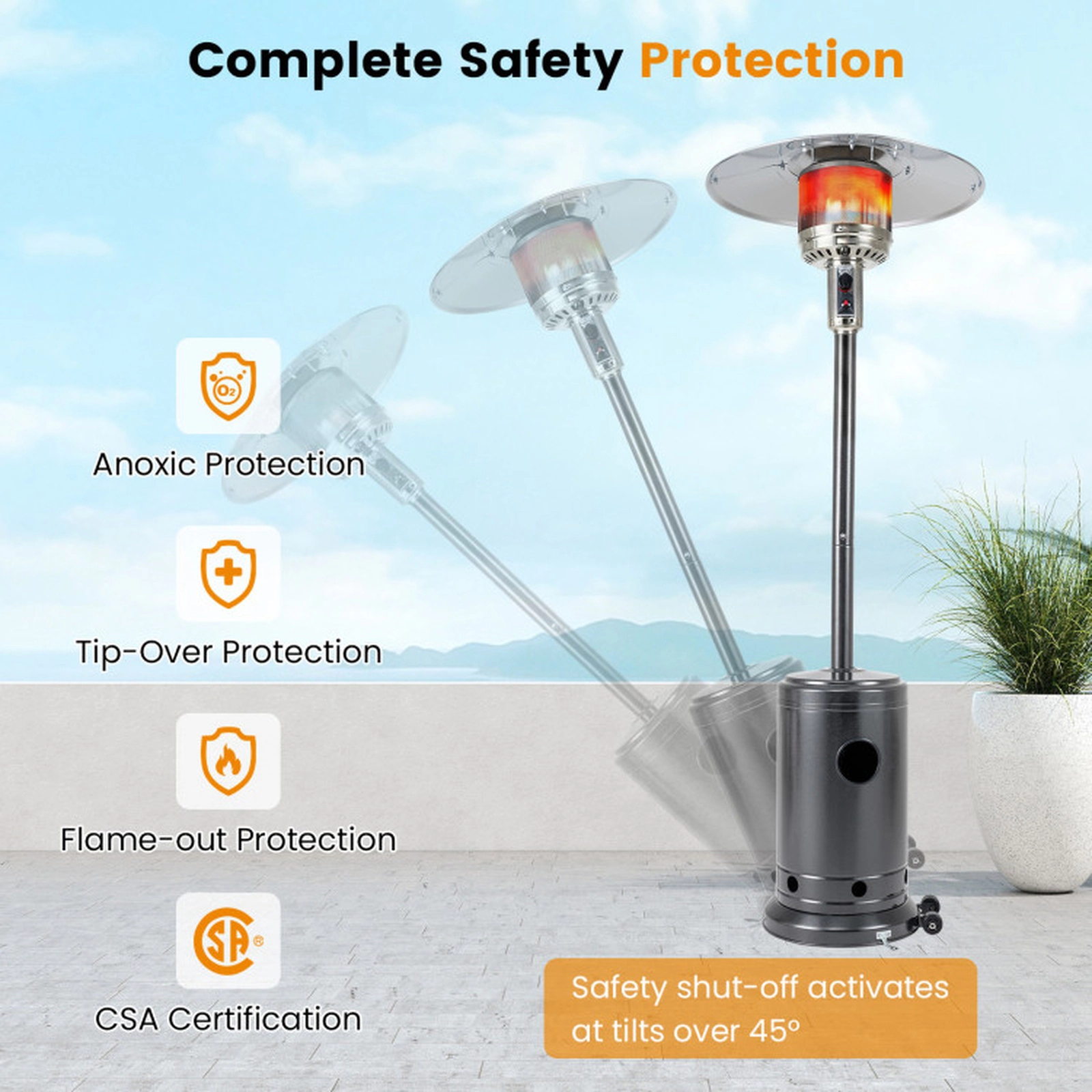 SUGIFT Gray Propane Patio Heater with Stainless Steel Burner and 20-ft Heat Range 50000-BTU 32.5-in W 86-in H