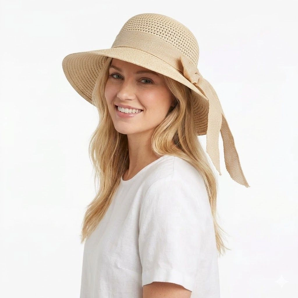 Anna-Kaci Women's Women Straw Sun Hat Wide Brim Woven Beach Bow Tie Detail Breathable Summer