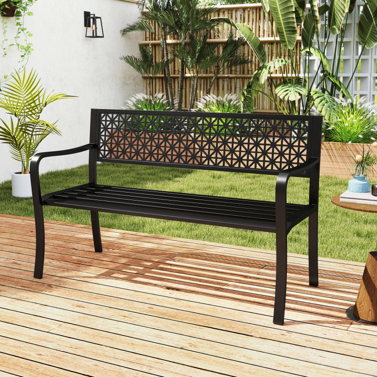 Hivvago 50 Inch Outdoor Metal Garden Bench With Rattan-Like Backrest For 2-3 People-Black
