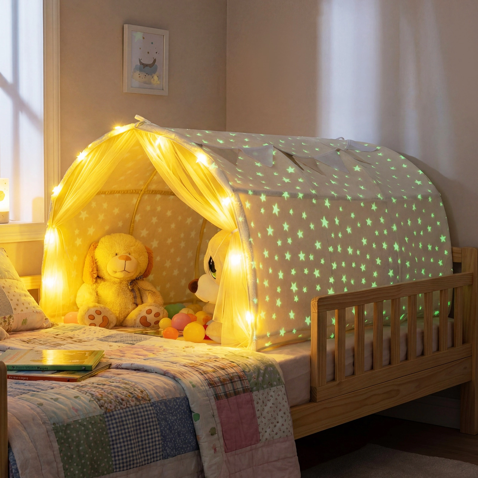 SUGIFT Kids Bed Tent Beige for Twin Bunk Bed with Glow in the Dark Stars