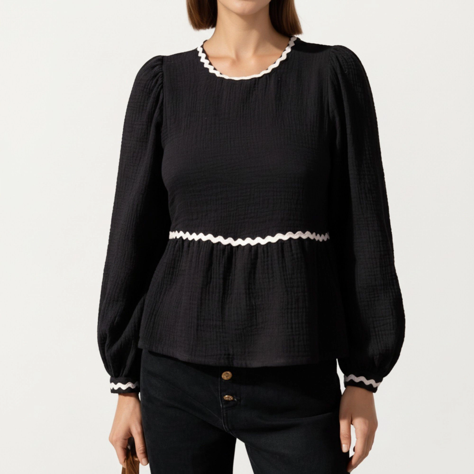 Anna-Kaci Women's Long Sleeve Textured Peplum Top with Contrast Trim Accents Statement Bow Detail