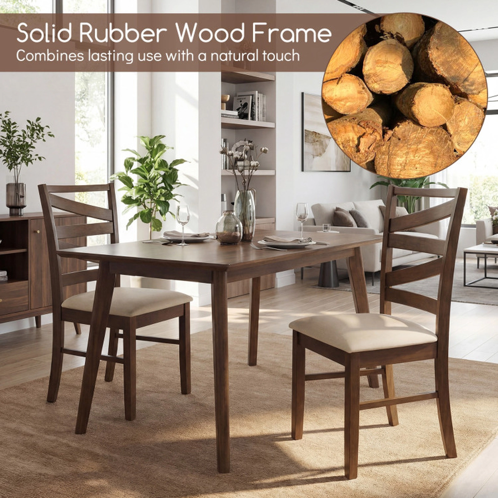 SUGIFT Tall Ladder Back and Linen Padded Seat 330-lb Set of 4 Rubber Wood Dining Chairs