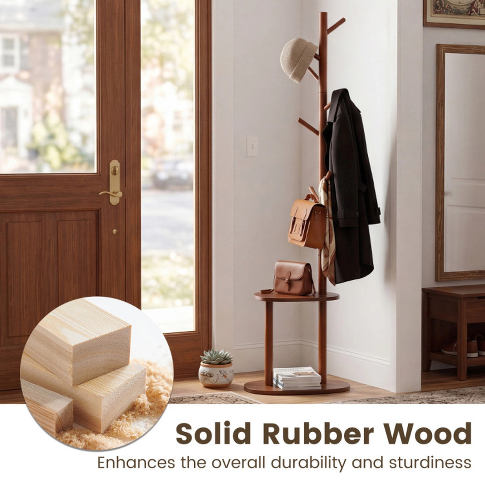 SUGIFT 8-Hook Rubber Wood Coat Rack with 2 Storage Shelves 11-lb Hook and 22-lb Shelf Capacity 70-in Tall Walnut