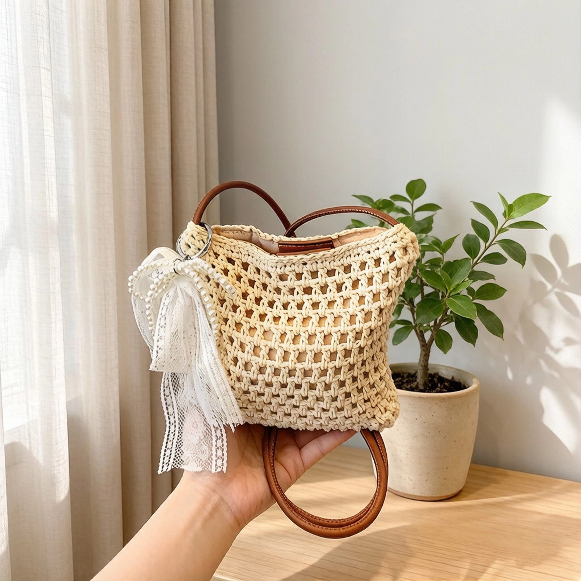 Alilang Women's Crochet Crossbody Bag with Lace Bow Detail Lightweight Knit Shoulder Bag Small Casual Handbag