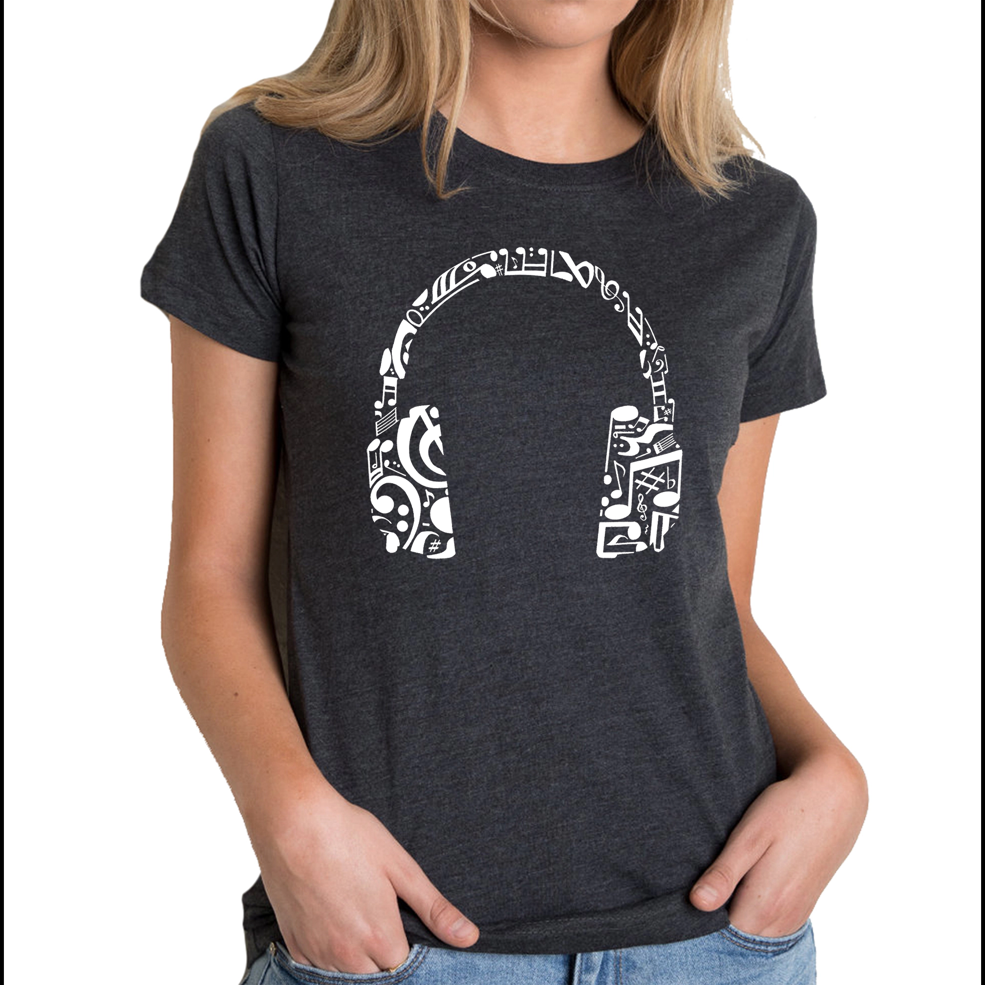 LA Pop Art Women's Cotton/Poly Blend Word TShirt - Music Note Headphones