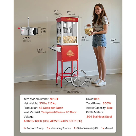 HONGGE Popcorn Machine with Cart 8oz Stainless Steel Kettle 800W Commercial Popcorn Maker 48 Cups per Batch Theater