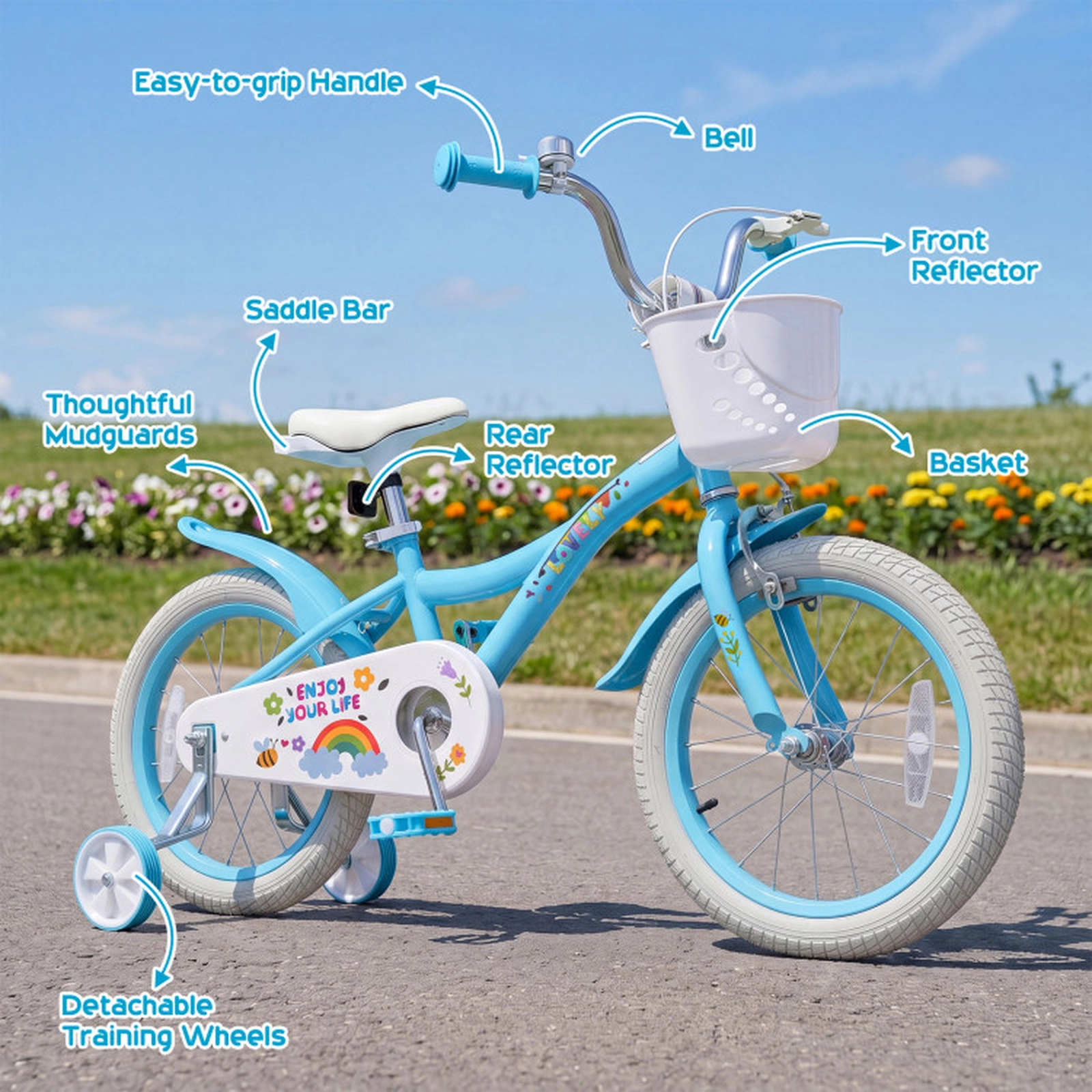 SUGIFT Blue Training Wheels Front Basket and Adjustable Seat Girls Bike