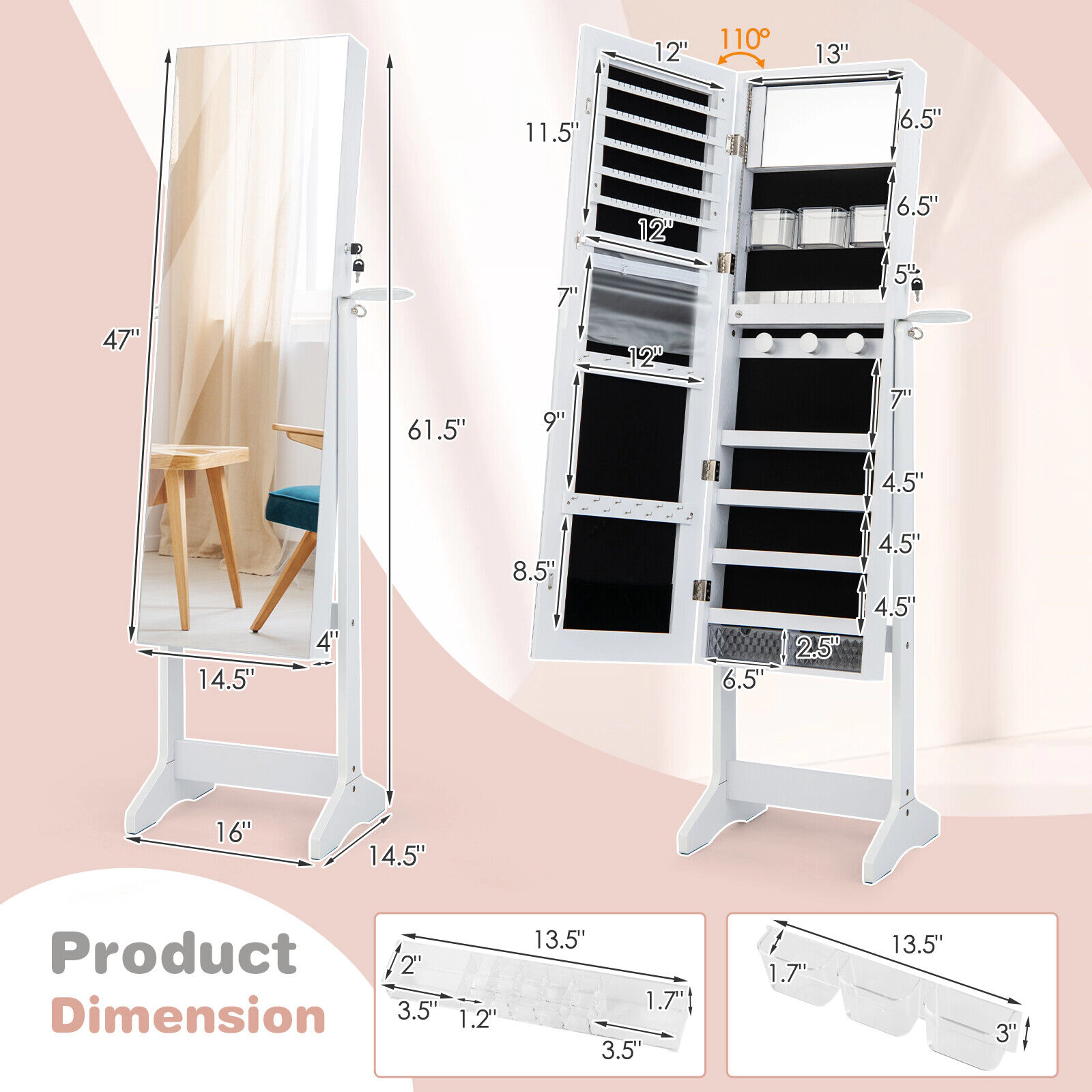 Slickblue 61.5 Inch Freestanding Jewelry Cabinet with Full-Length Mirror and LED Lights