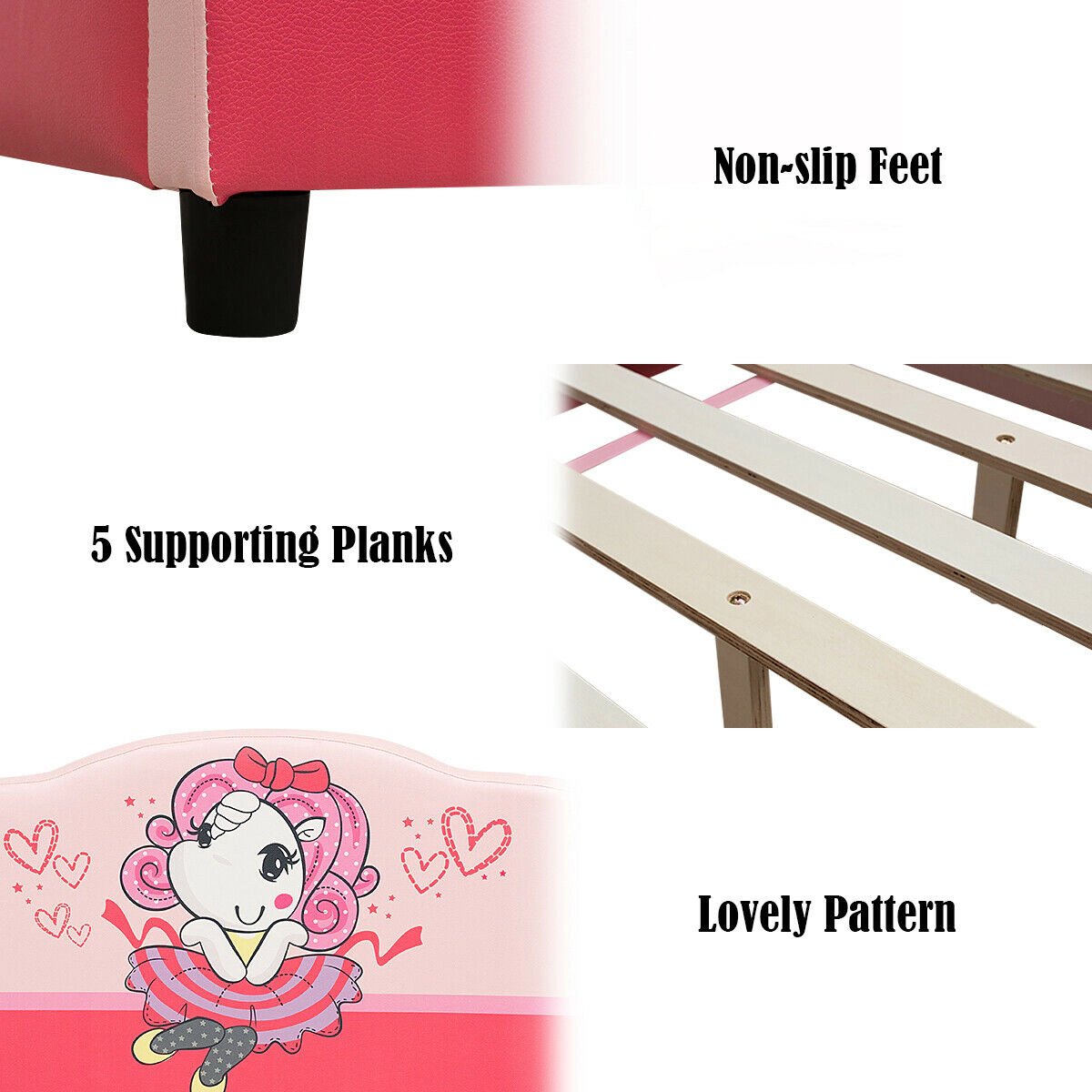 SUGIFT Pink Cartoon Girl Pattern Headboard Twin Size Kids Upholstered Platform Bed