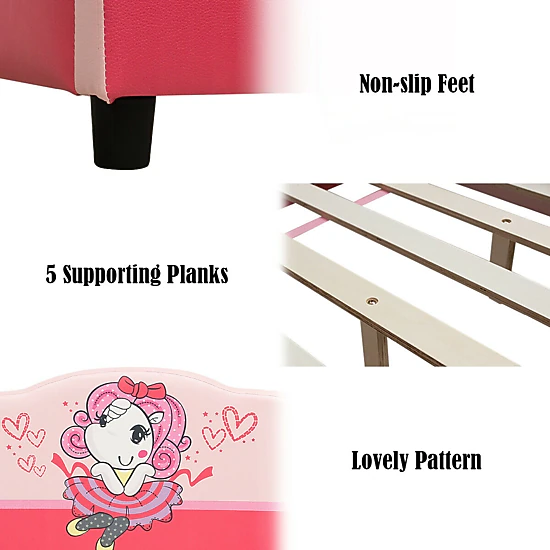 SUGIFT Girls Twin Size 350-lb Bed Capacity Upholstered Kids Bed Frame with Cartoon Headboard and Footboard Pink