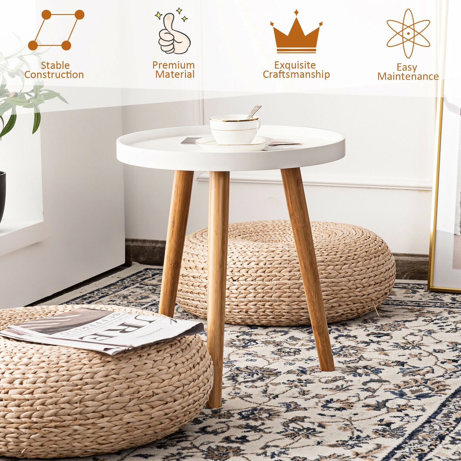 Glintex Round Tray-Top Side Table with Lipped Edge and Bamboo Legs, White