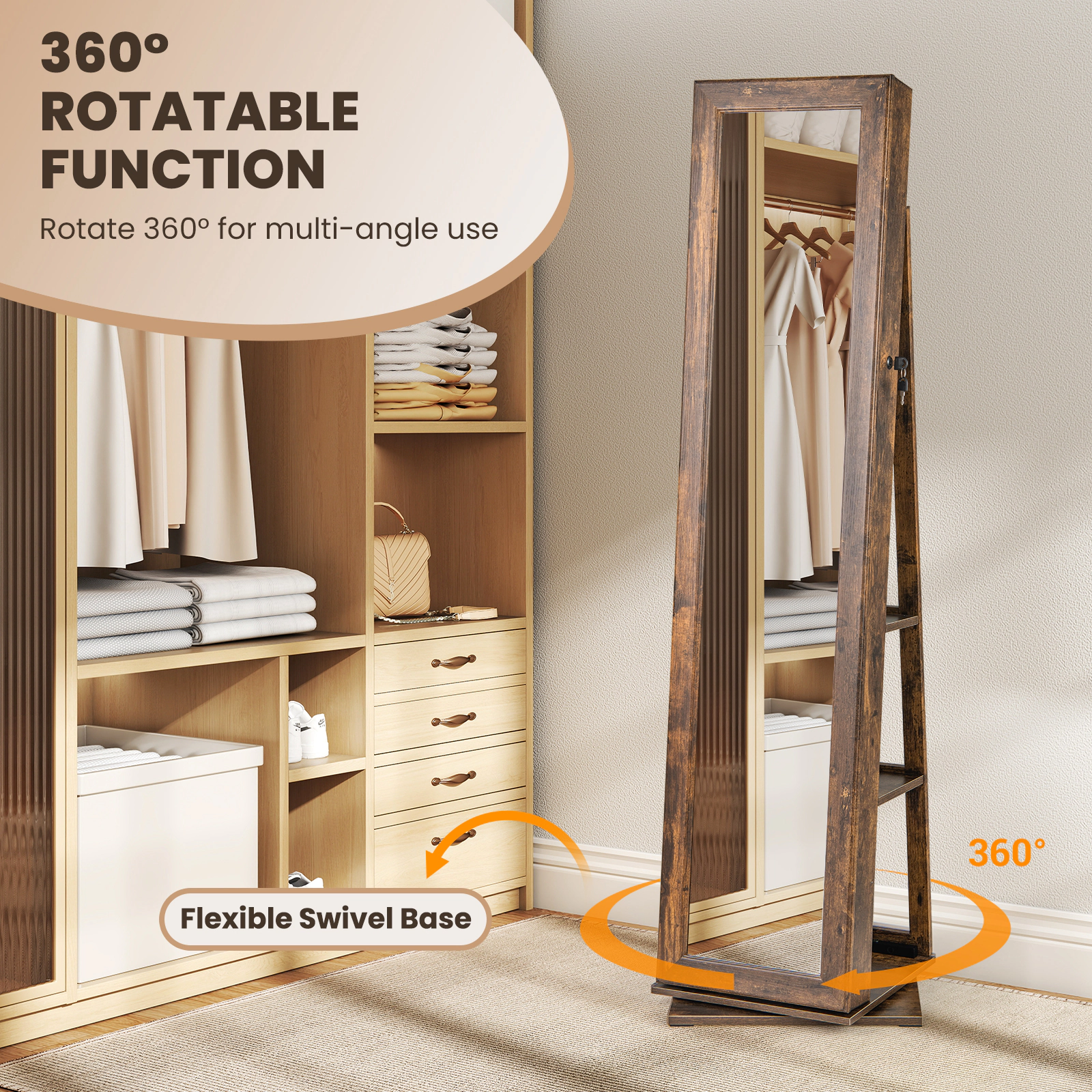 SUGIFT 360-Degree Swivel Jewelry Armoire Standing Organizer with Full-Length Mirror and Open Back Shelves