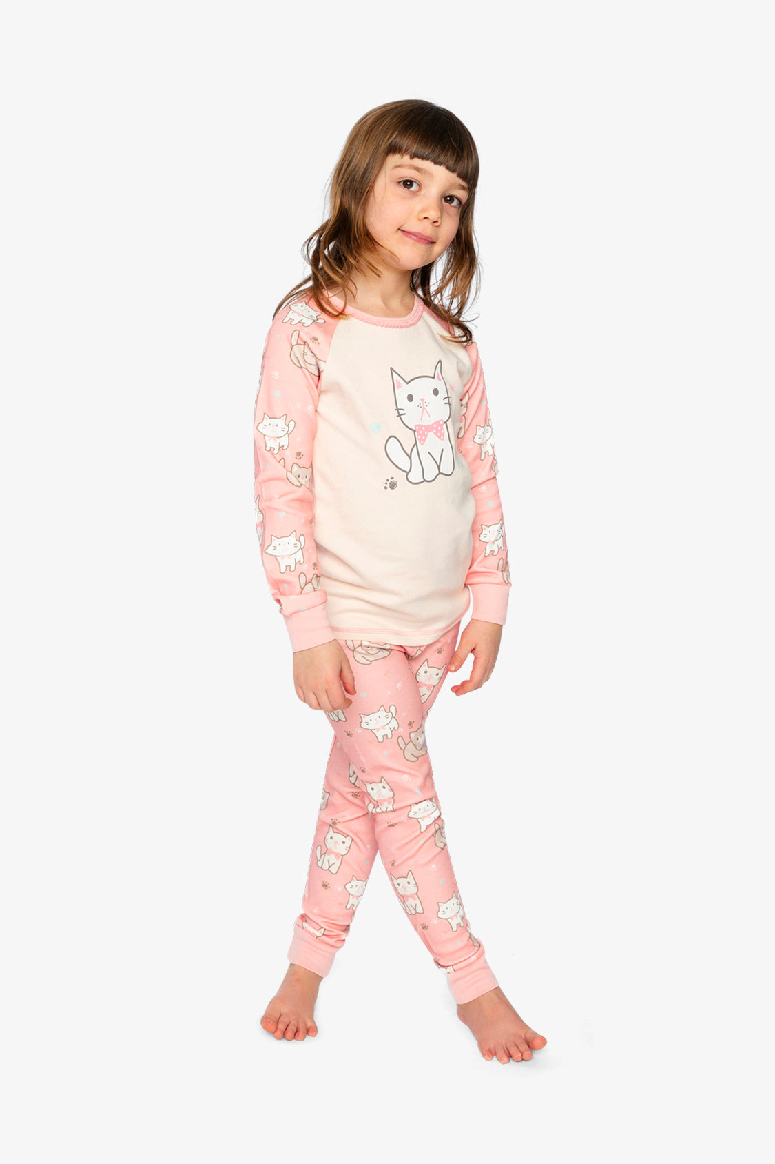 Deux par Girls Organic Cotton Cat Print Two Piece Pajama Set with Raglan Sleeve Top and Pants