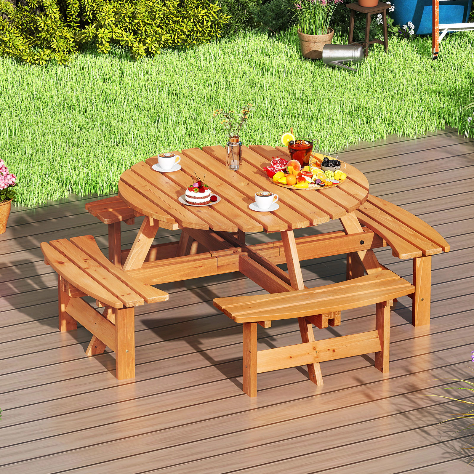 SUGIFT 8-Person Round Fir Wood Picnic Table with 4 Benches and Umbrella Hole