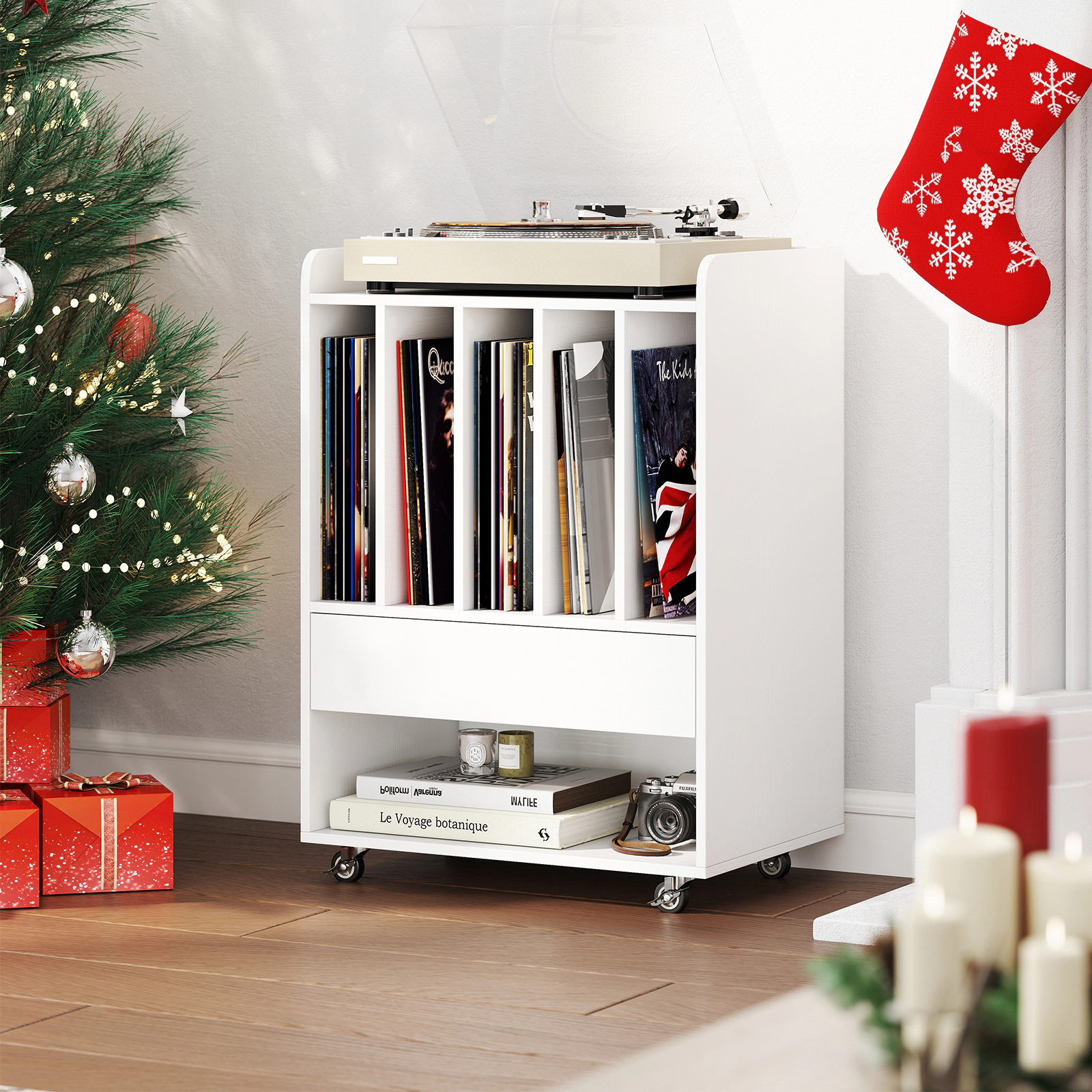 SUGIFT Record Player Turntable Stand with Drawer and Record Holder 66-lb Tabletop Capacity White