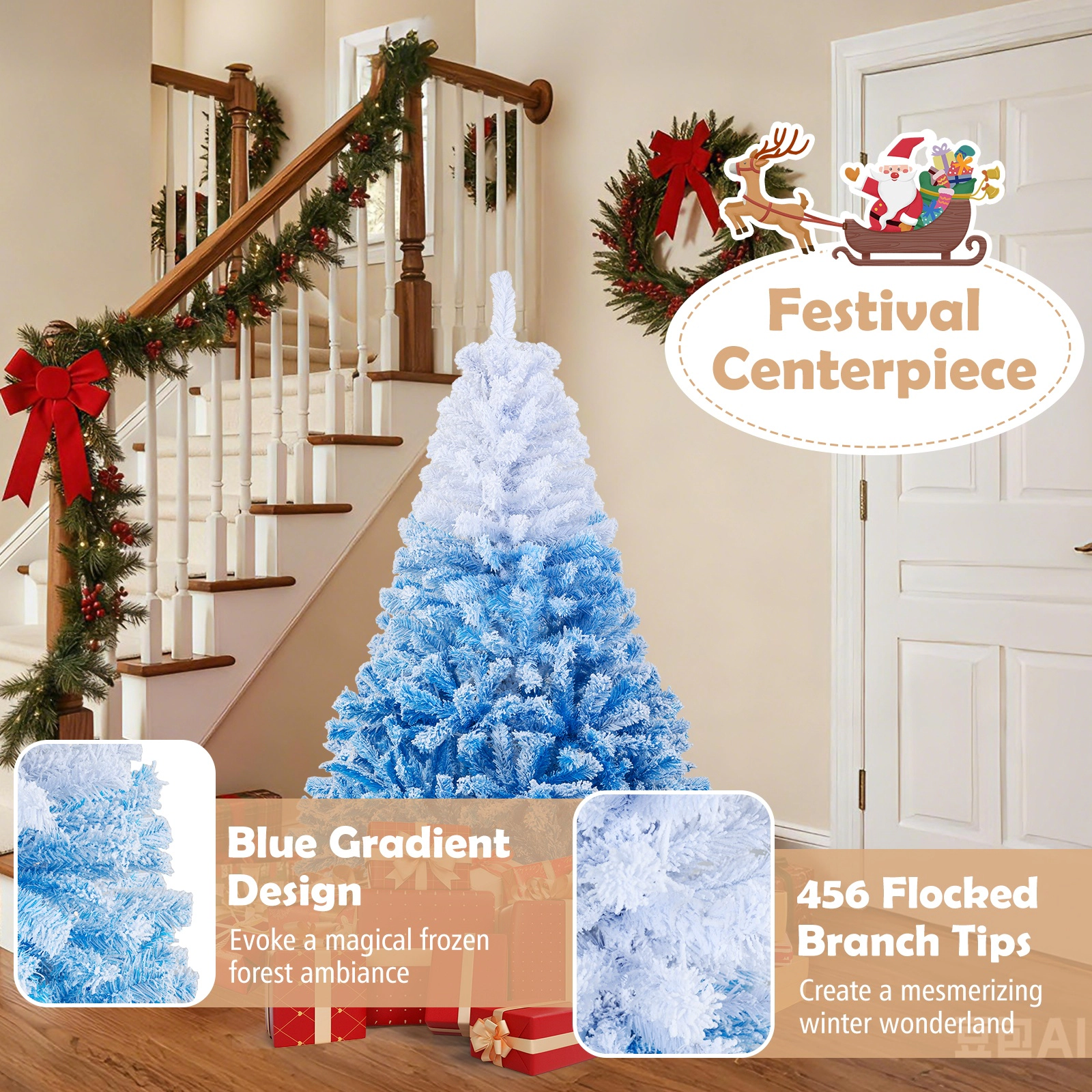 SUGIFT Gradient Flocked 5-ft Artificial Christmas Tree with Warm White LED Lights and 8 Modes White to Blue