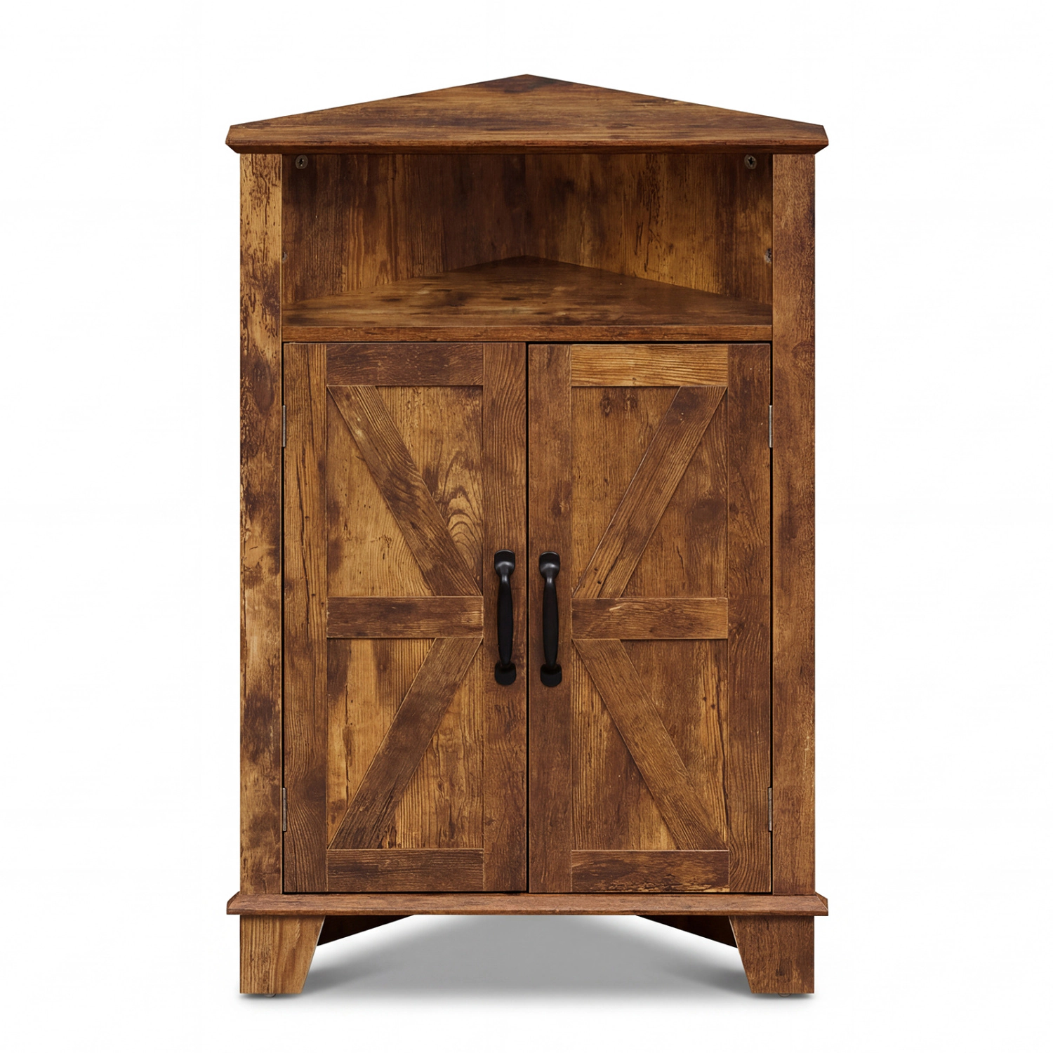 SUGIFT Rustic Brown 4-Tier Corner Accent Storage Cabinet with 2 Barn Doors and Open Shelf 22-in W 14-in D 33-in H