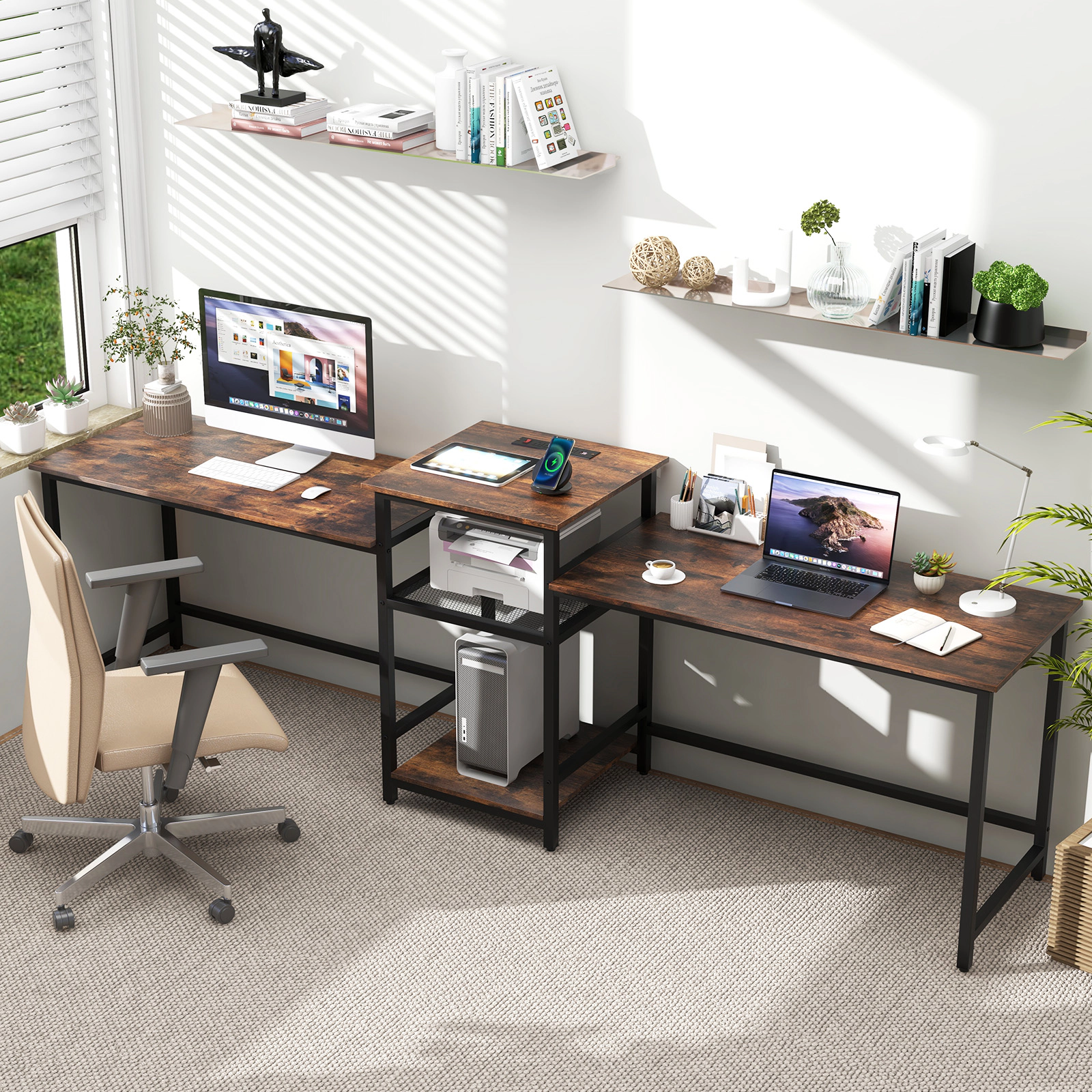 LJG 2-Person Computer Desk with Power Outlet and Printer Stand