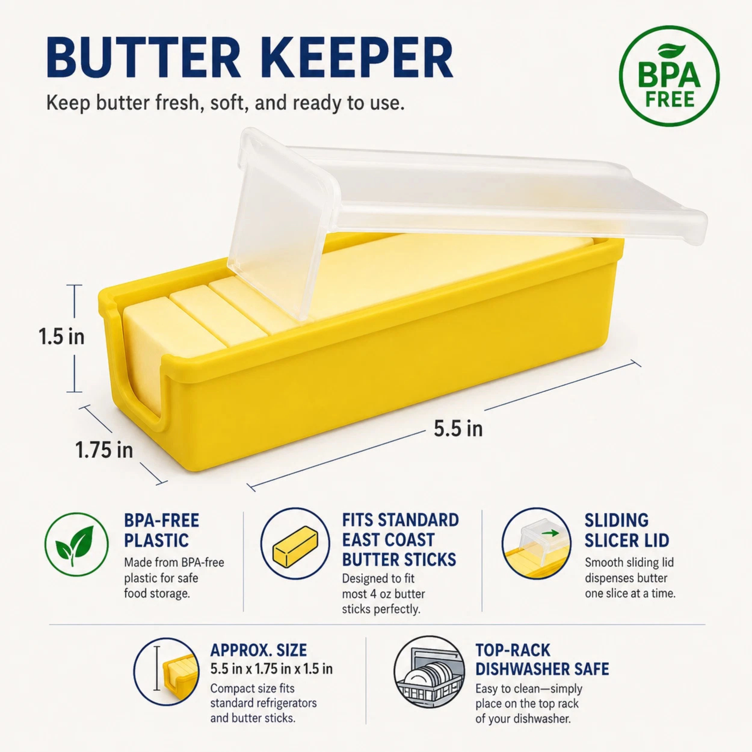Home Collection Yellow Silicone Butter Dish with Clear Sliding Lid BPA-Free Butter Keeper