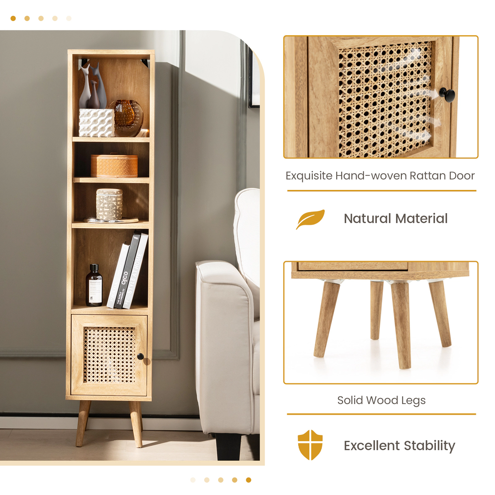 SUGIFT 4 Tier Rattan Storage Cabinet Natural Slim Design for Narrow Spaces
