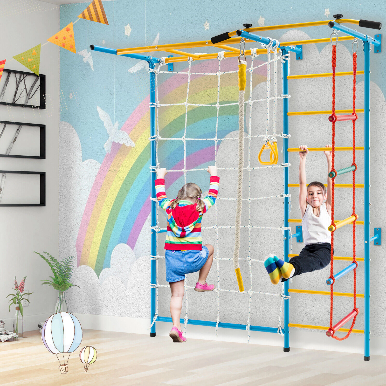 SUGIFT Yellow Monkey Bars and Rope Wall 78 Inch 7-in-1 Kids Indoor Gym Wall Ladder
