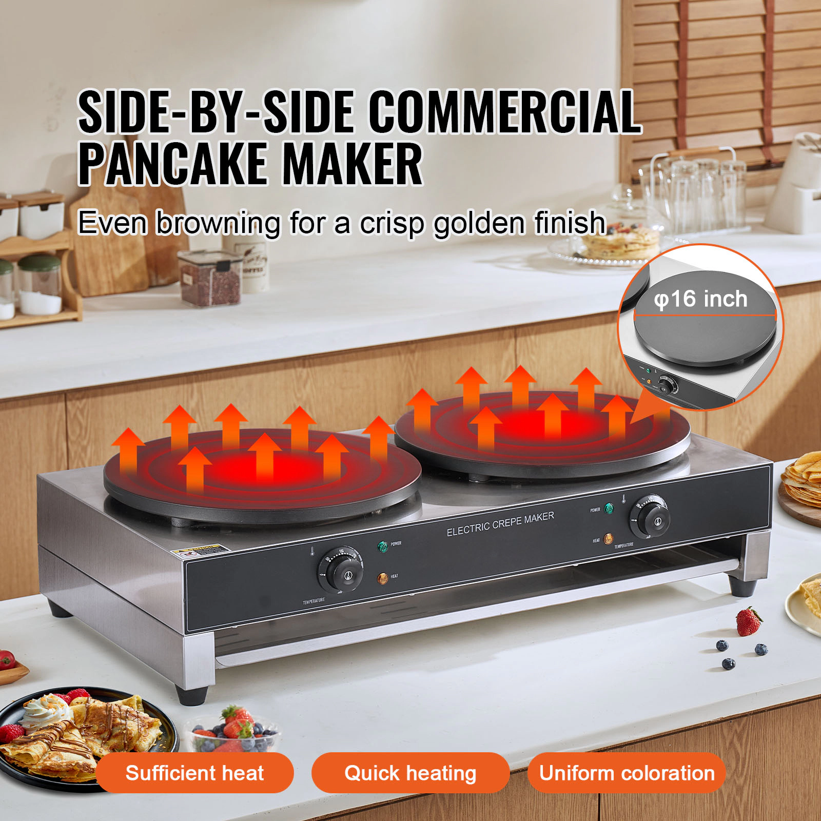 HONGGE Electric Crepe Maker, 16-Inch Commercial Crepe Machine, Flat Plate Crepe Griddle, Nonstick Stainless Steel
