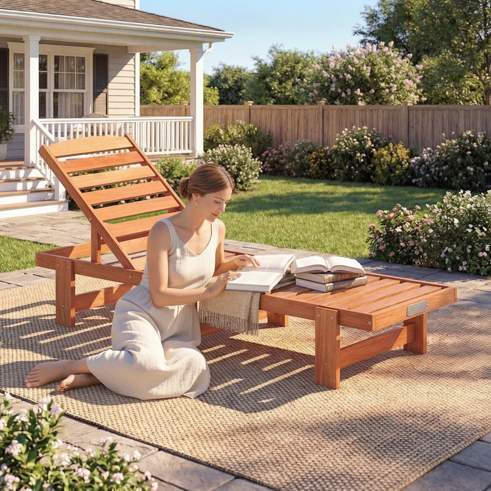 SUGIFT Solid Wood Patio Chaise Lounge, Slatted Recliner, 5-Position Backrest, Natural