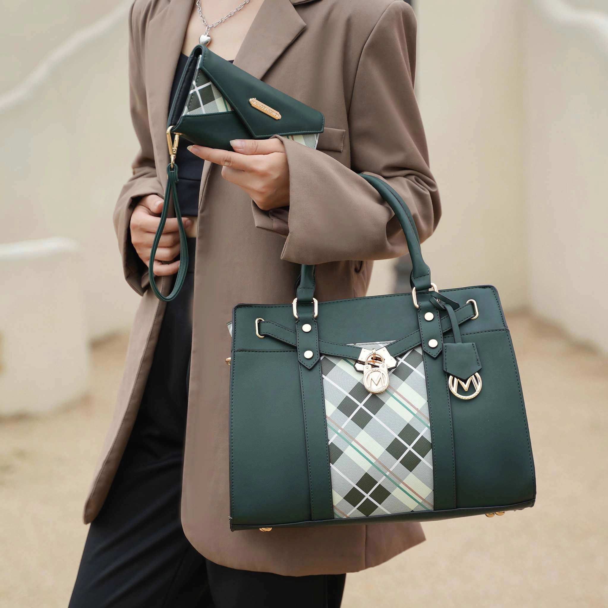 MKF Collection by Mia K Christine Plaid Vegan Leather Satchel with Wristlet Wallet, Olive