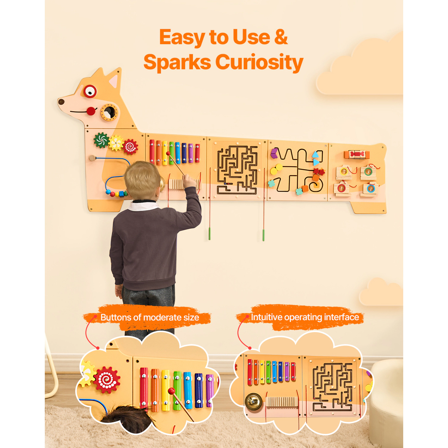 HONGGE Puppy Wall Busy Board with 12 Activities, Wide Montessori Sensory Panel for Kids Ages 3 to 12