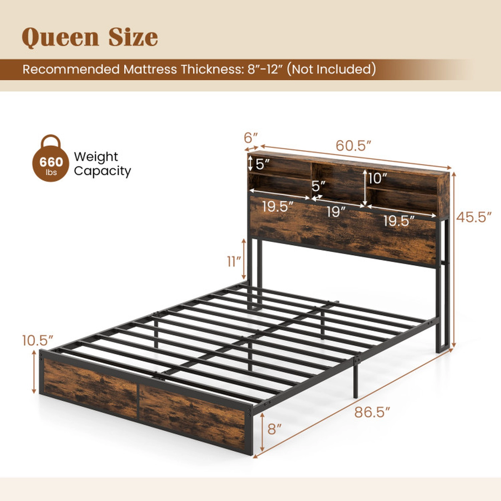 SUGIFT Storage Headboard Metal Platform Bed Frame 660-lb Capacity Queen Rustic Brown with Outlets and USB