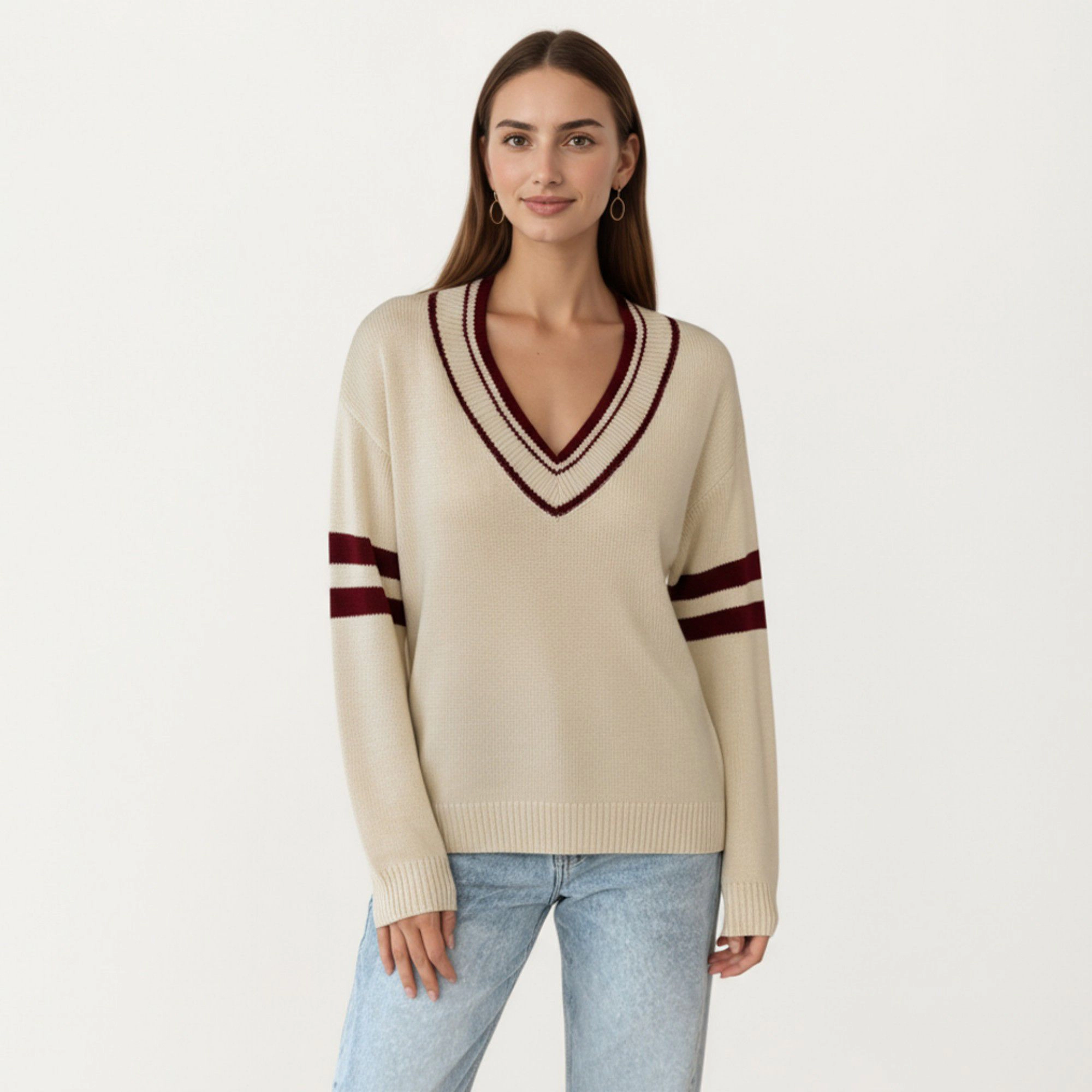 Anna-Kaci Women's Long Sleeve V-Neck Knit Sweater with Contrast Stripe Trim and Ribbed Hem