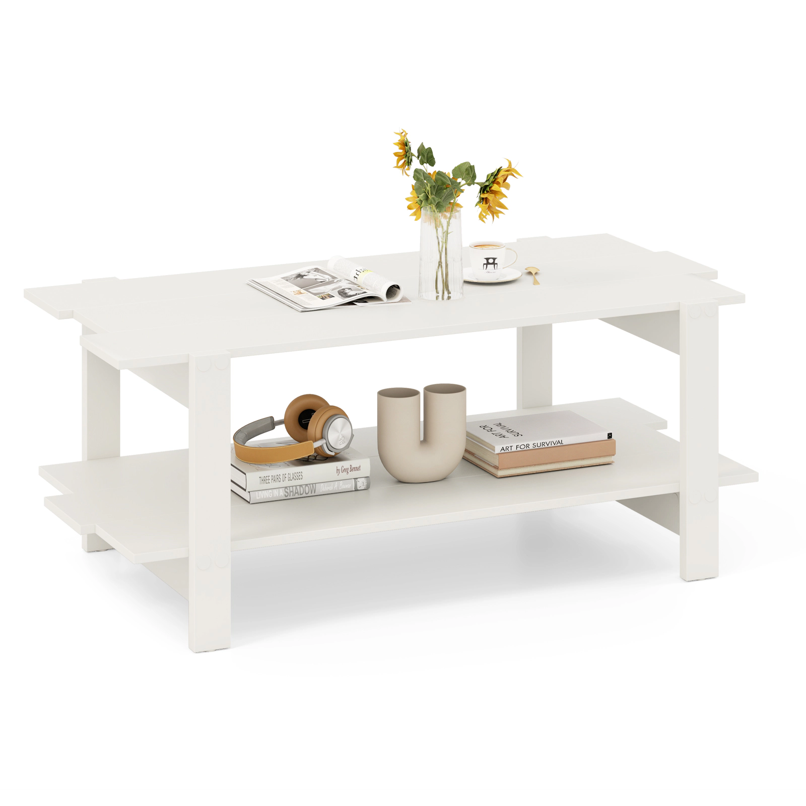 Glintex 2-Tier 45-Inch Slatted Wood Coffee Table with Full-Width Shelf