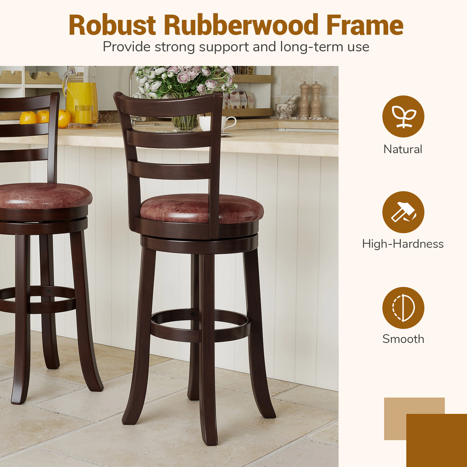 SUGIFT Counter Height 360° Swivel Bar Stools Set of 2 with Faux Leather Seat 400-lb Capacity Cappuccino