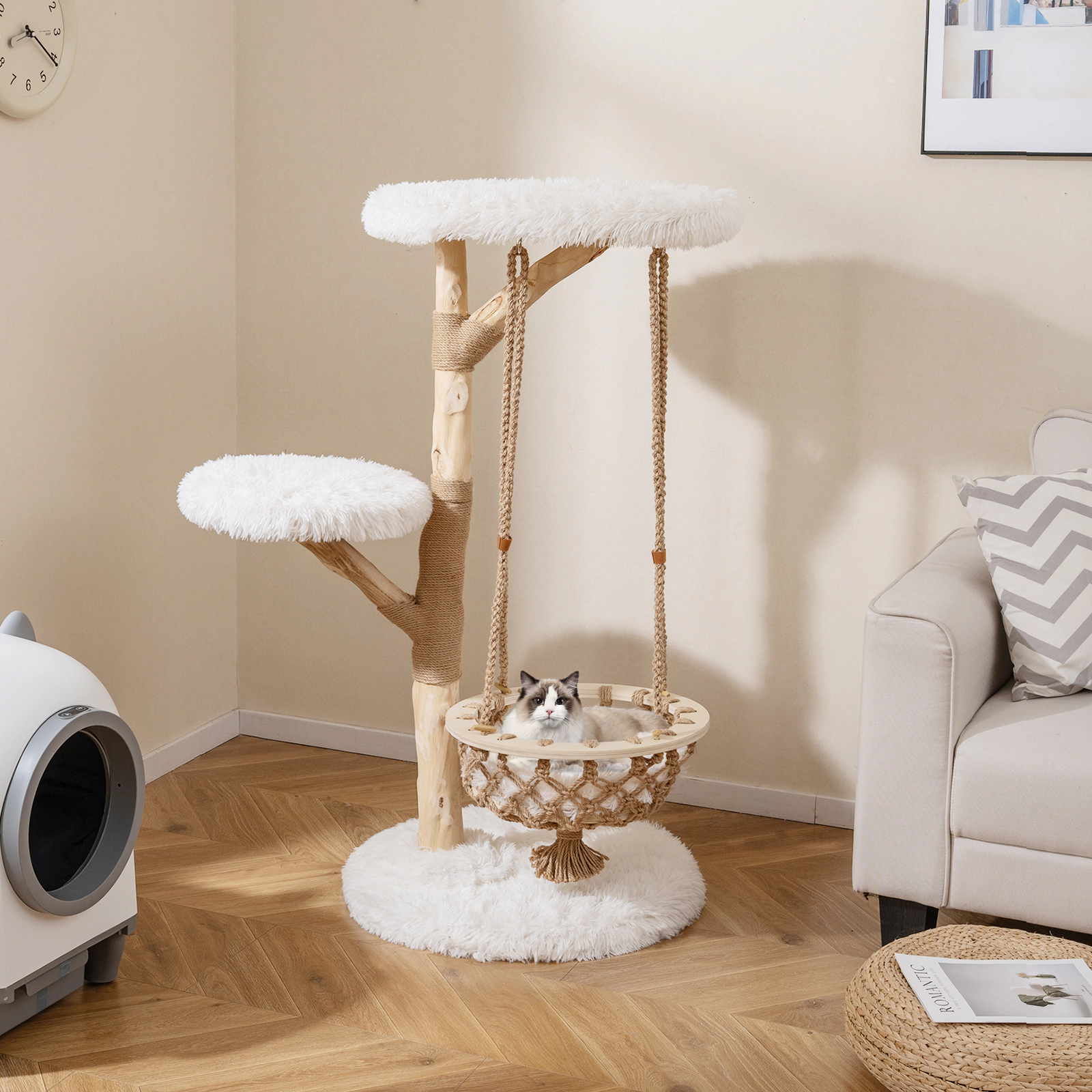 SUGIFT 48.5-in Solid Wood Cat Tree with Hanging Cradle Bed 23.5-in Top Perch Jute Post and 44-lb Layers