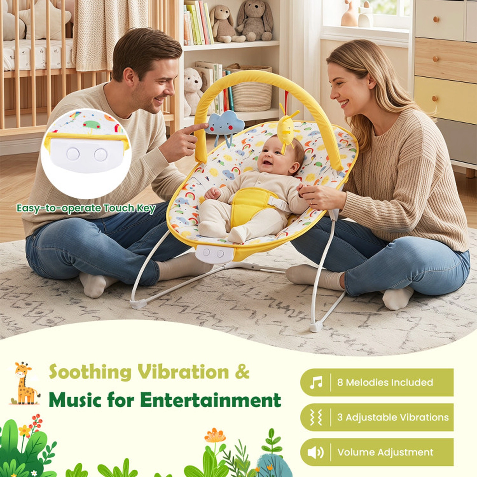 SUGIFT 20-lb Capacity Portable Baby Bouncer Infant Rocker Seat with Detachable Toy Bar and Music Box