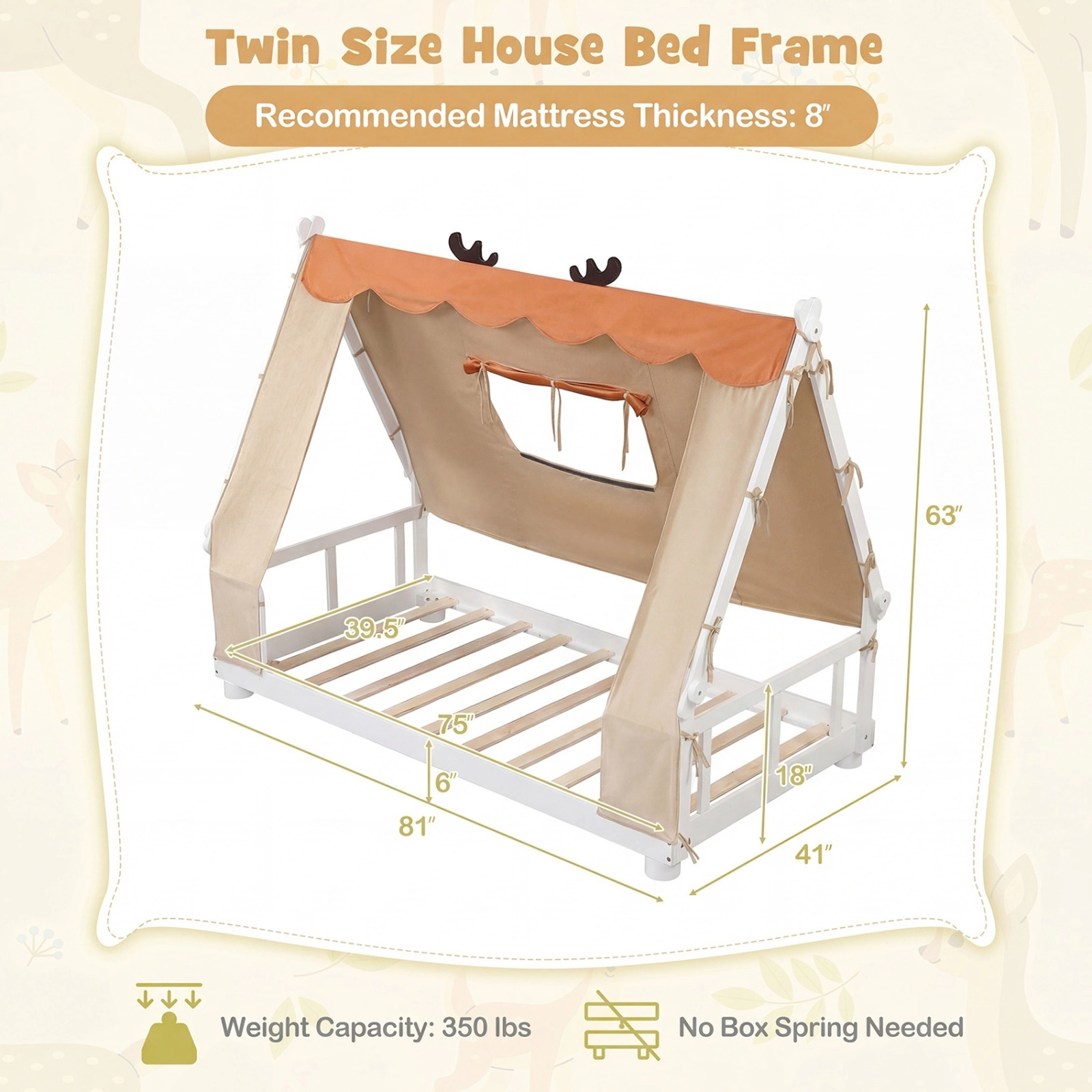SUGIFT Twin House Floor Bed, Montessori Wood Frame, Velvet Canopy, White