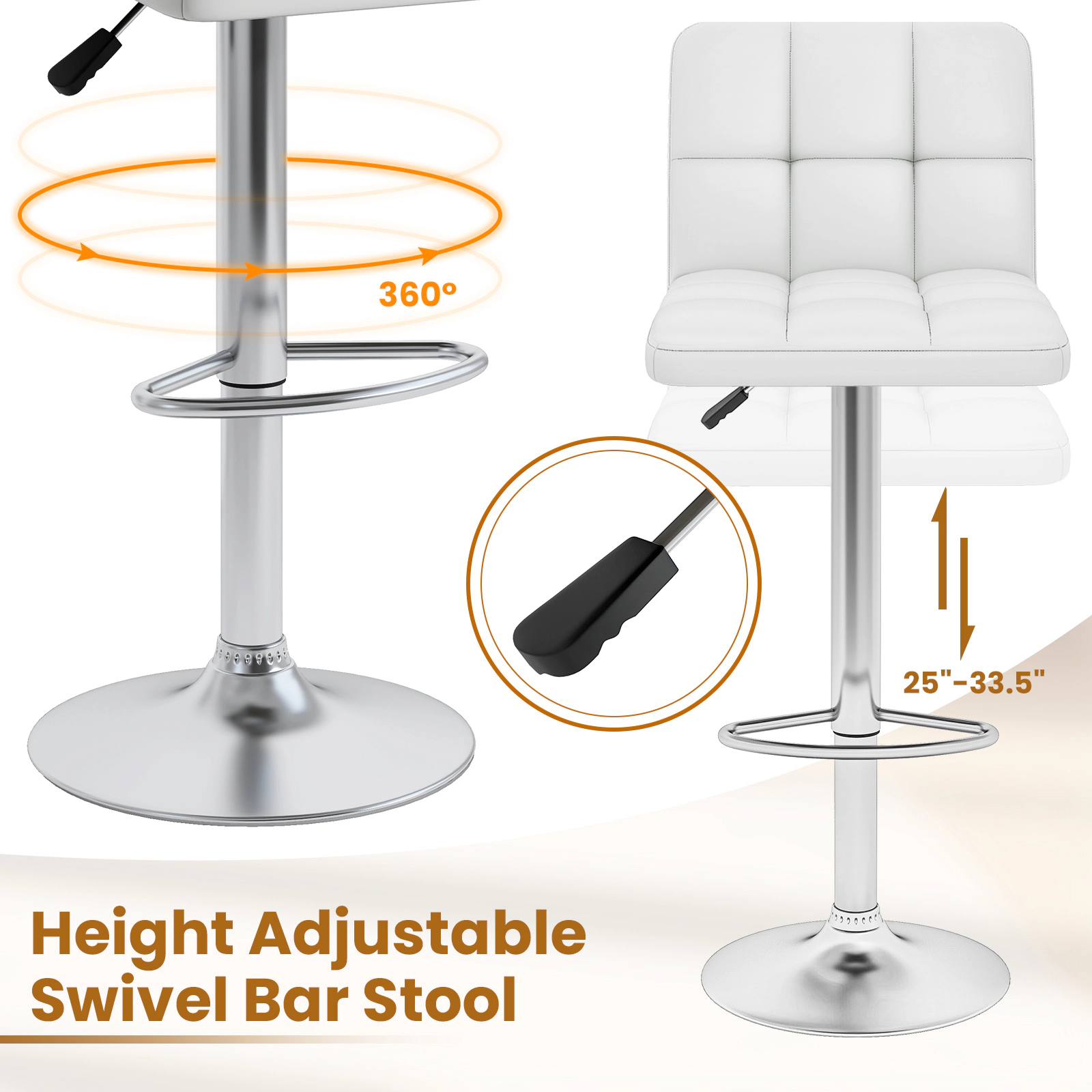 SUGIFT Modern Upholstered Adjustable Swivel Bar Stools Set of 2 Back & Footrest 250-lb Capacity 21-in Wide Seat White