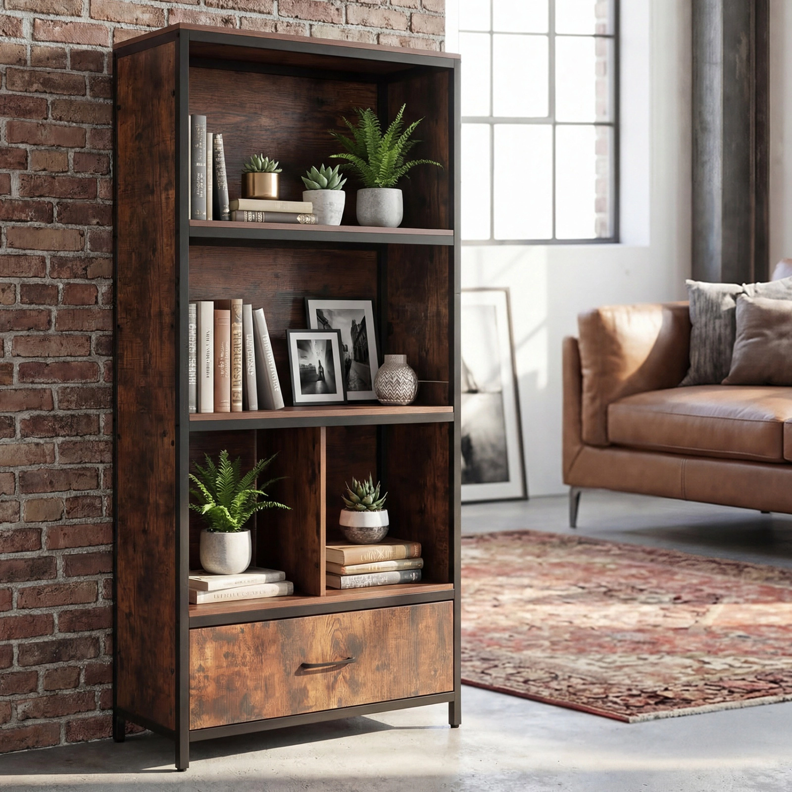 SUGIFT Rustic Brown Removable Fabric Drawer 56 in Freestanding Bookcase