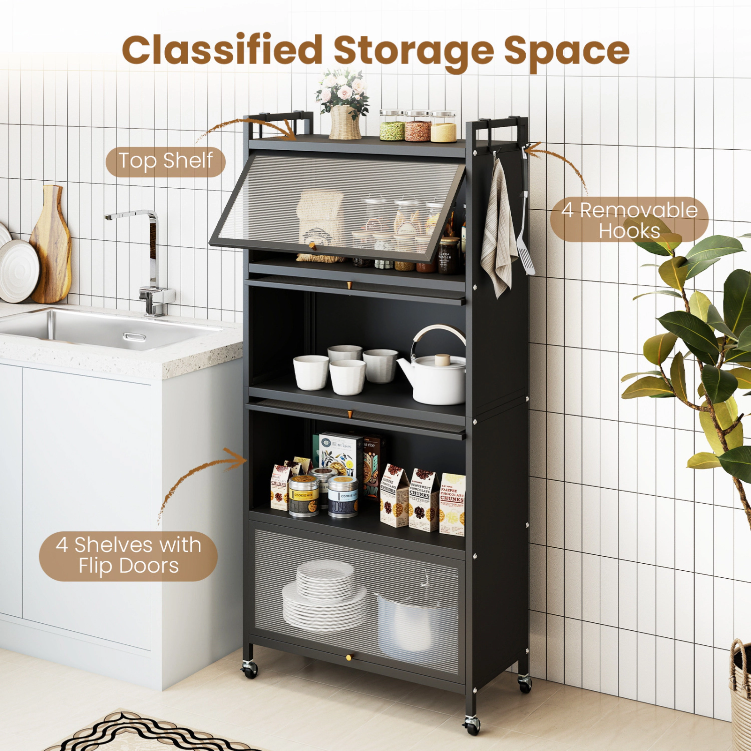Glintex 60-Inch 5-Tier Storage Cabinet with Flip-Up Doors and Wheels