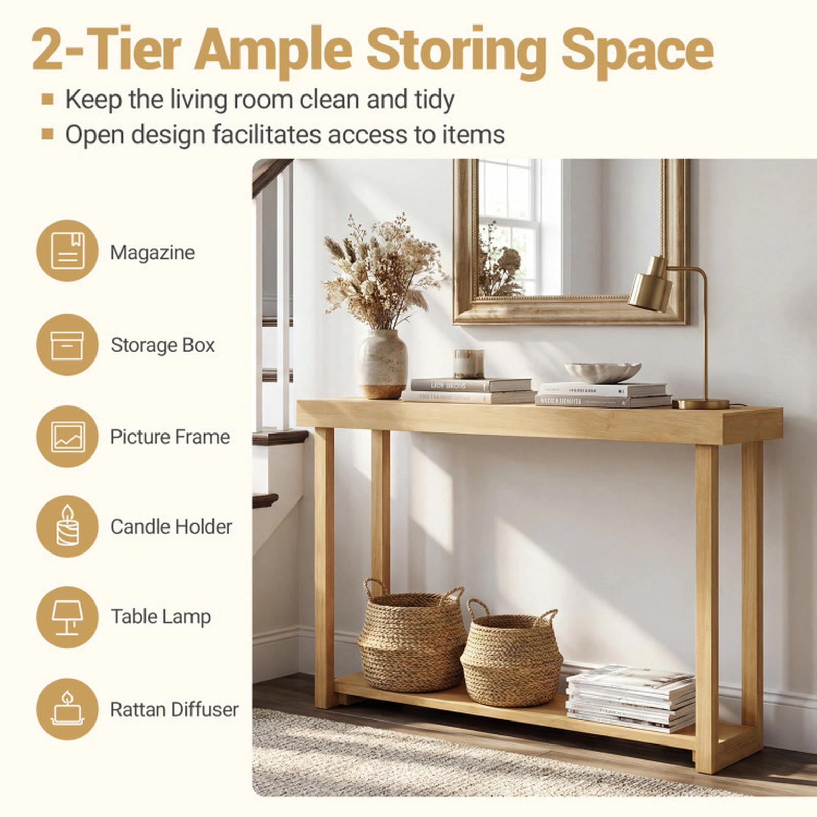 SUGIFT 46-in Teak Wood 2-Tier Console Table 66-lb Tabletop Capacity 22-lb Shelf Capacity Narrow Sofa Table Natural