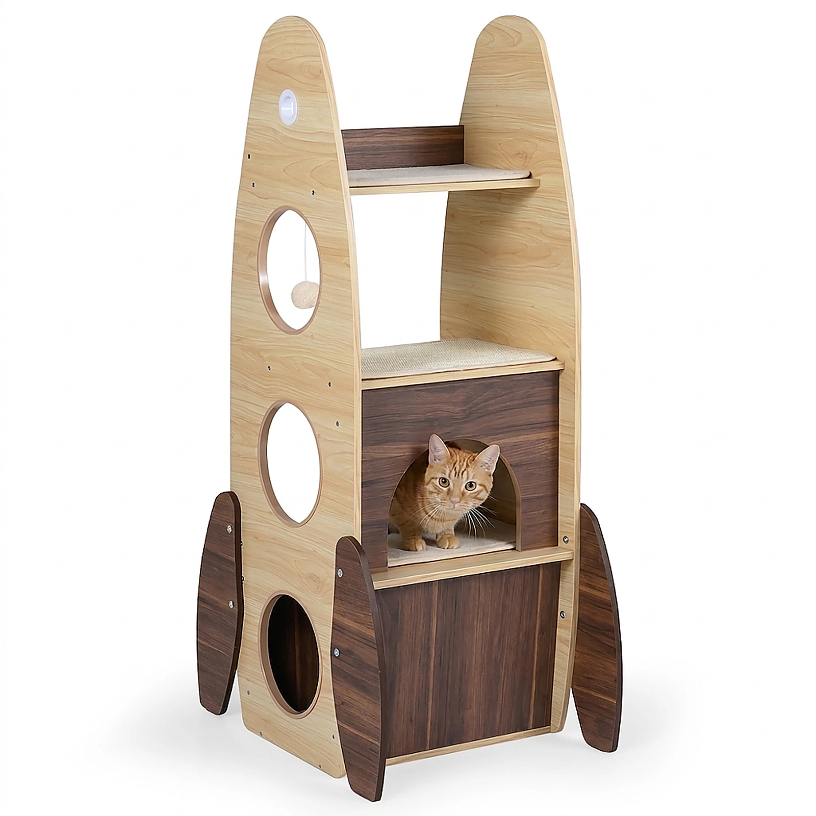 SUGIFT 47-in Rocket-Shaped Large Wooden Cat Tree Tower with Guardrail Top Perch 3 Entries and Sisal Pad