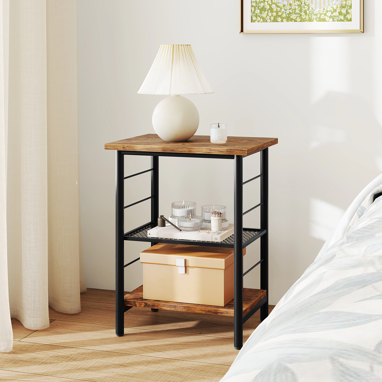 SUGIFT 20-Inch 3-Tier Industrial Side Table with Adjustable Mesh Shelves, Black and Rustic Brown