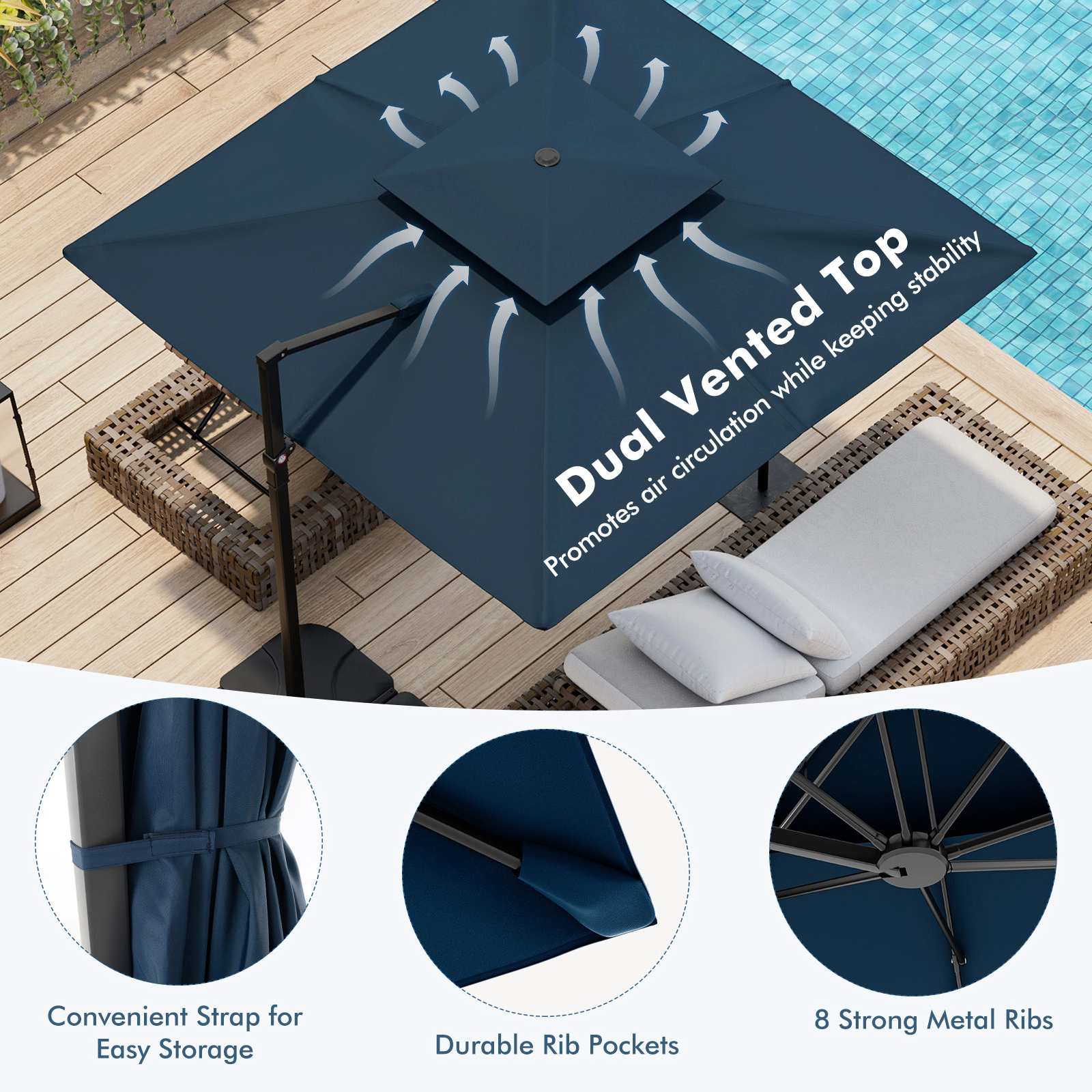 SUGIFT 9.5-ft Navy Offset Cantilever Patio Umbrella with Foot Pedal Rotation Vented Double Top and Cross Base