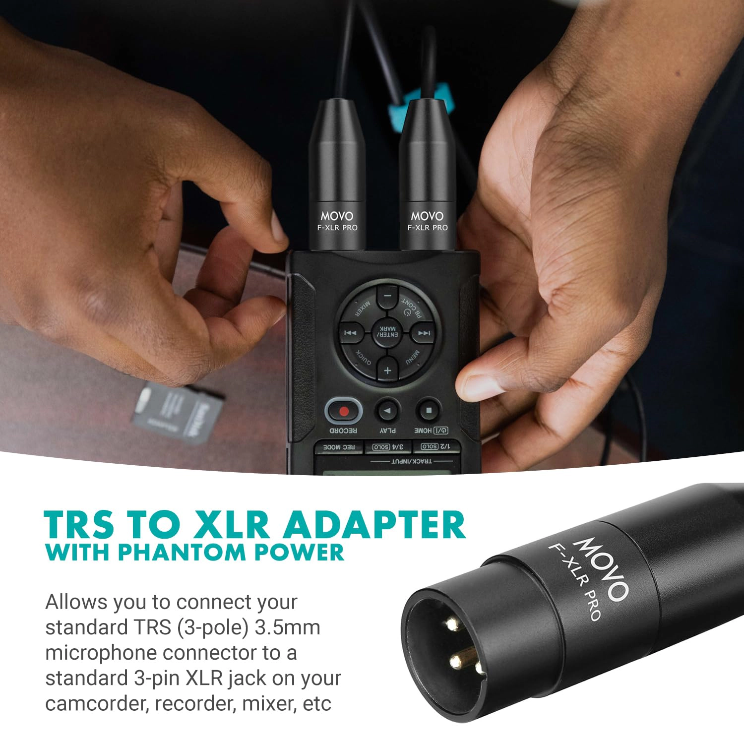Movo FXLR-PRO 3.5mm (TRS) Mini-Jack Female Microphone Adapter to 3-pin XLR Male Connector with Integrated Phantom Power