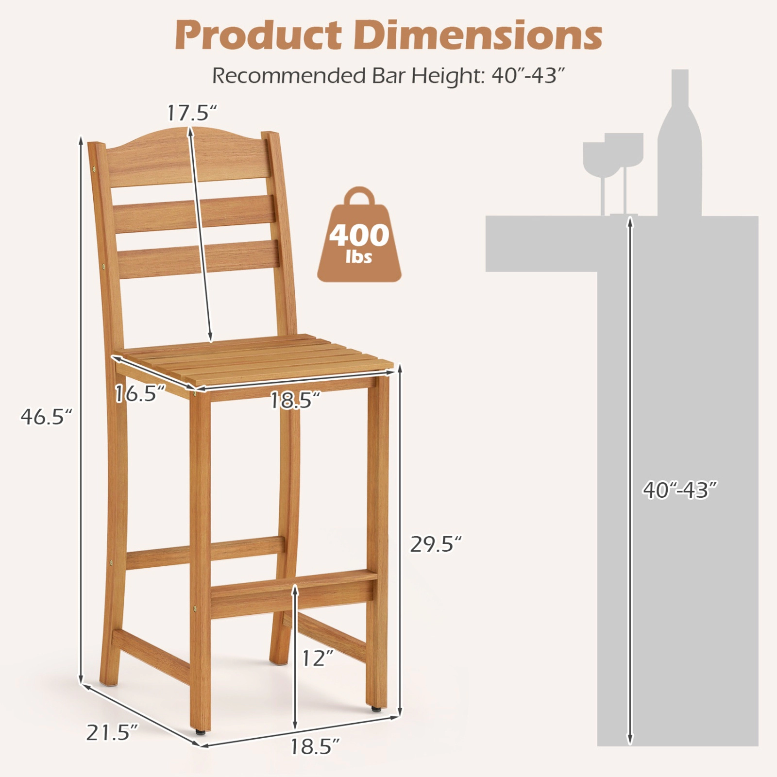 SUGIFT Natural Slatted Seat and Built-In Footrest Solid Acacia Wood Outdoor Bar Stool