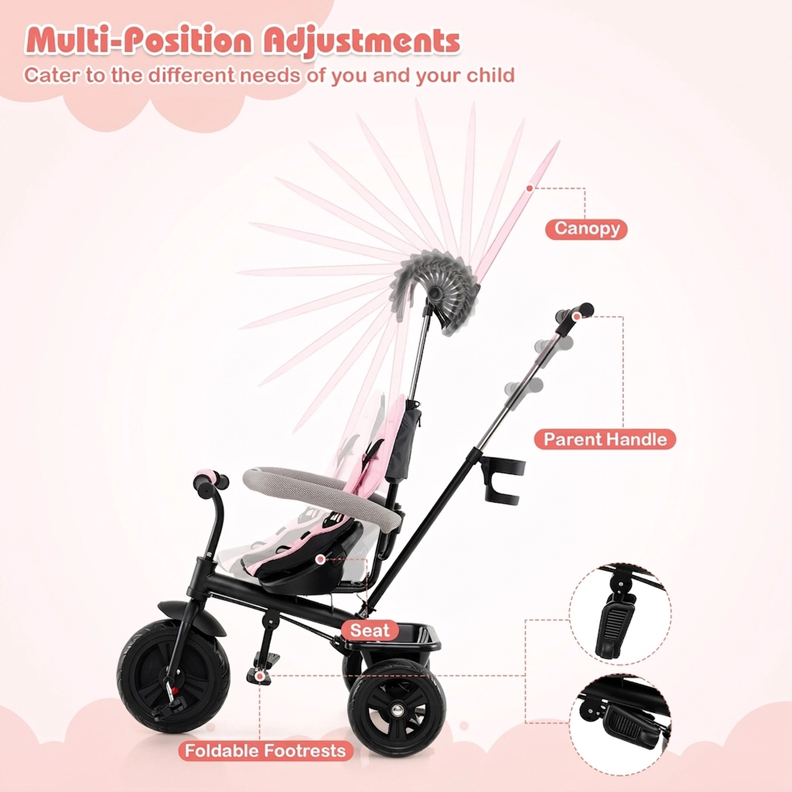 SUGIFT Toddler Pink 7-in-1 Baby Tricycle with Adjustable Canopy 38-in W 41-in to 55-in H 55-lb Seat Capacity