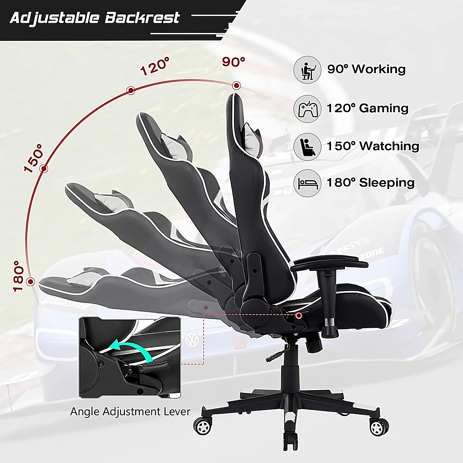 SUGIFT Reclining Swivel Massage Gaming Chair Lumbar Support 330-Lb Capacity 29-in Wide Seat Adjustable Backrest White