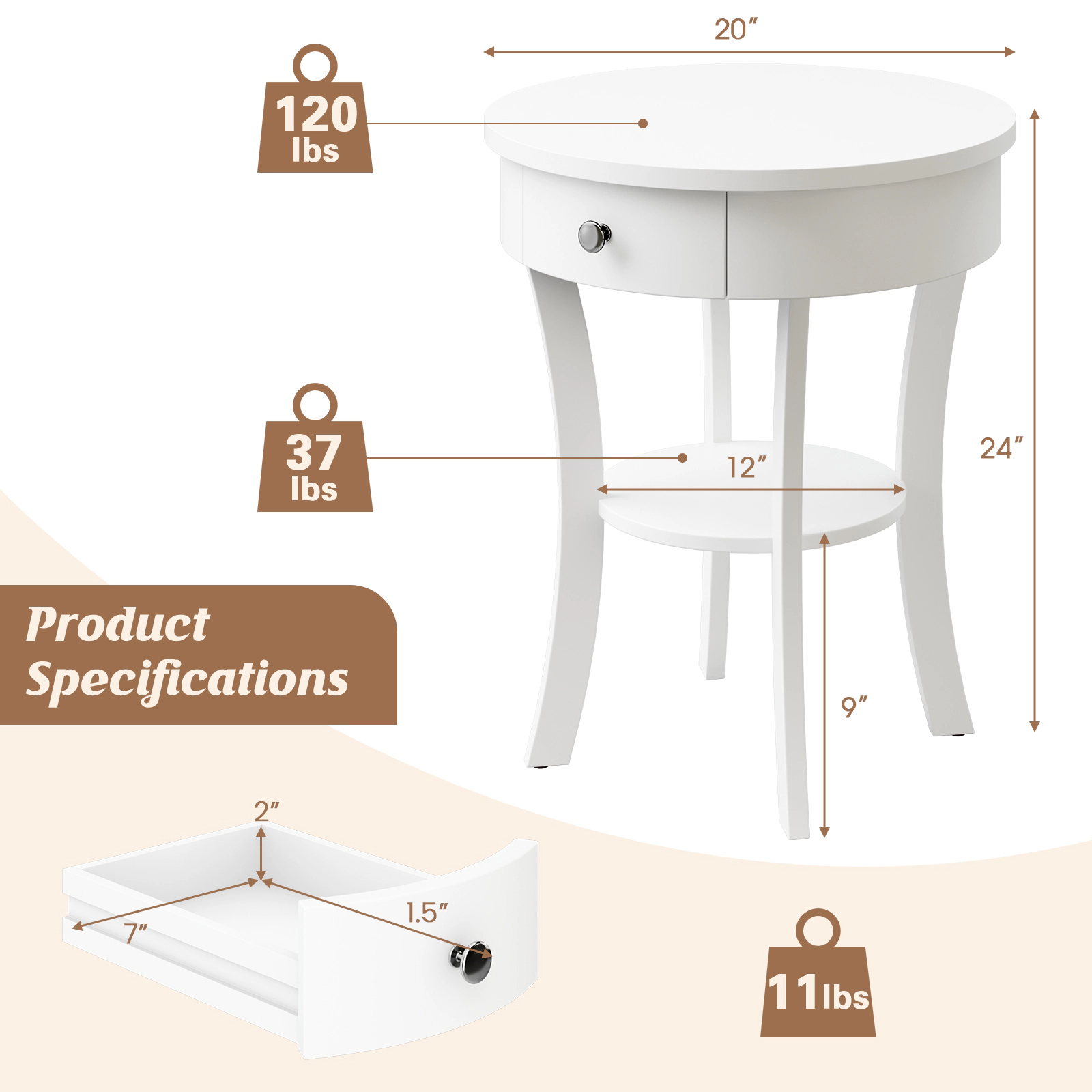 Glintex Round 2-Tier End Table with Open Drawer and Rubber Wood Legs