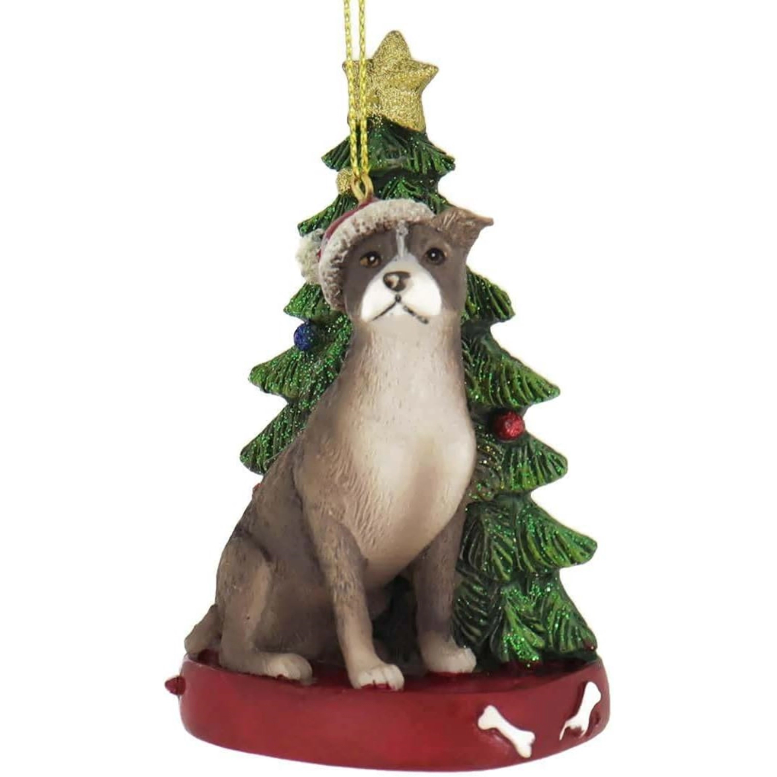 Kurt Adler American Pitbull Dog Sitting by Christmas Tree Wearing Santa Hat Resin Ornament 4.25 inch